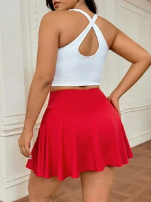 Rhythm Era Plus Size Women Solid Color Pocket Decor Sports Skirt Shorts Gym Cycling Red Summer - Red - View 3