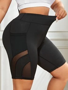 SHEIN Rhythm Era Plus Size Contrast Mesh Biker Shorts With Phone Pocket Legging Shorts - Black - View 4