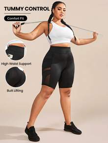SHEIN Rhythm Era Plus Size Contrast Mesh Biker Shorts With Phone Pocket Legging Shorts - Black - View 1