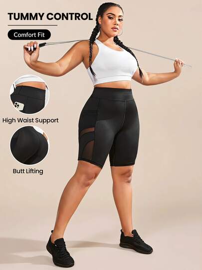 SHEIN Rhythm Era Plus Size Contrast Mesh Biker Shorts With Phone Pocket Legging Shorts