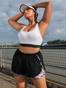 SHEIN Rhythm Era Plus Size Camo Print 2 In 1 Sports Shorts Shorts Sweater Shorts - Black - View 6