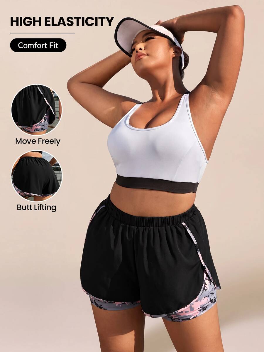 SHEIN Rhythm Era Plus Size Camo Print 2 In 1 Sports Shorts Shorts Sweater Shorts - Black - View 1