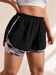 SHEIN Rhythm Era Plus Size Camo Print 2 In 1 Sports Shorts Shorts Sweater Shorts - Black - View 7
