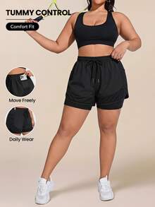 SHEIN Rhythm Era Plus Size Women Solid Color Drawstring Waist Casual Versatile Daily Wear & Sports Shorts - Black - View 1