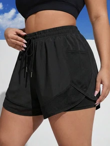 SHEIN Rhythm Era Plus Size Women Solid Color Drawstring Waist Casual Versatile Daily Wear & Sports Shorts - Black - View 5