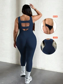 SHEIN Sports 大码藏蓝色露背连体裤，舒适弹力无缝针织瑜伽健身运动连体裤，性感提臀紧身裤，适合跑步骑行锻炼 - 藏蓝色 - 查看 7
