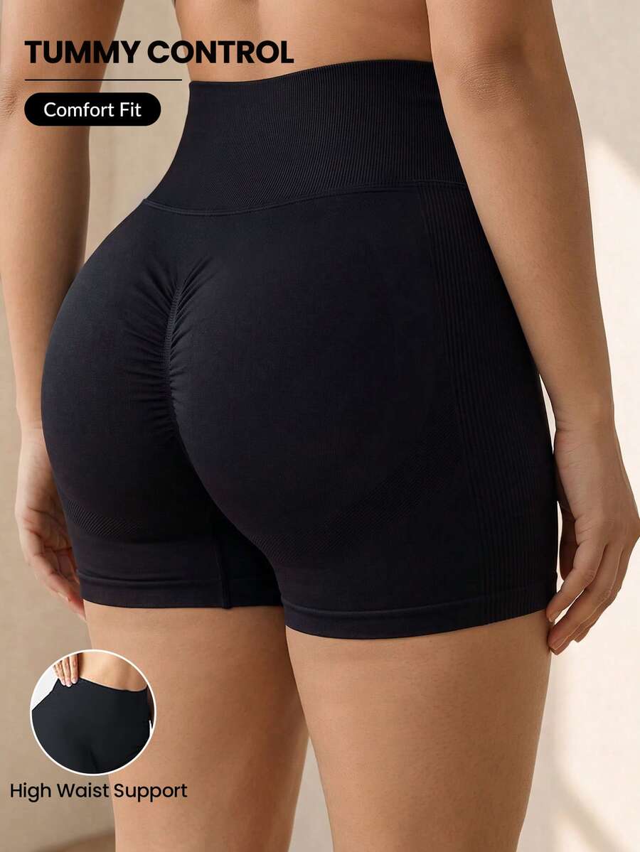 Rhythm Era Plus Size Seamless Solid Color Elastic Sports Shorts - Black - View 1