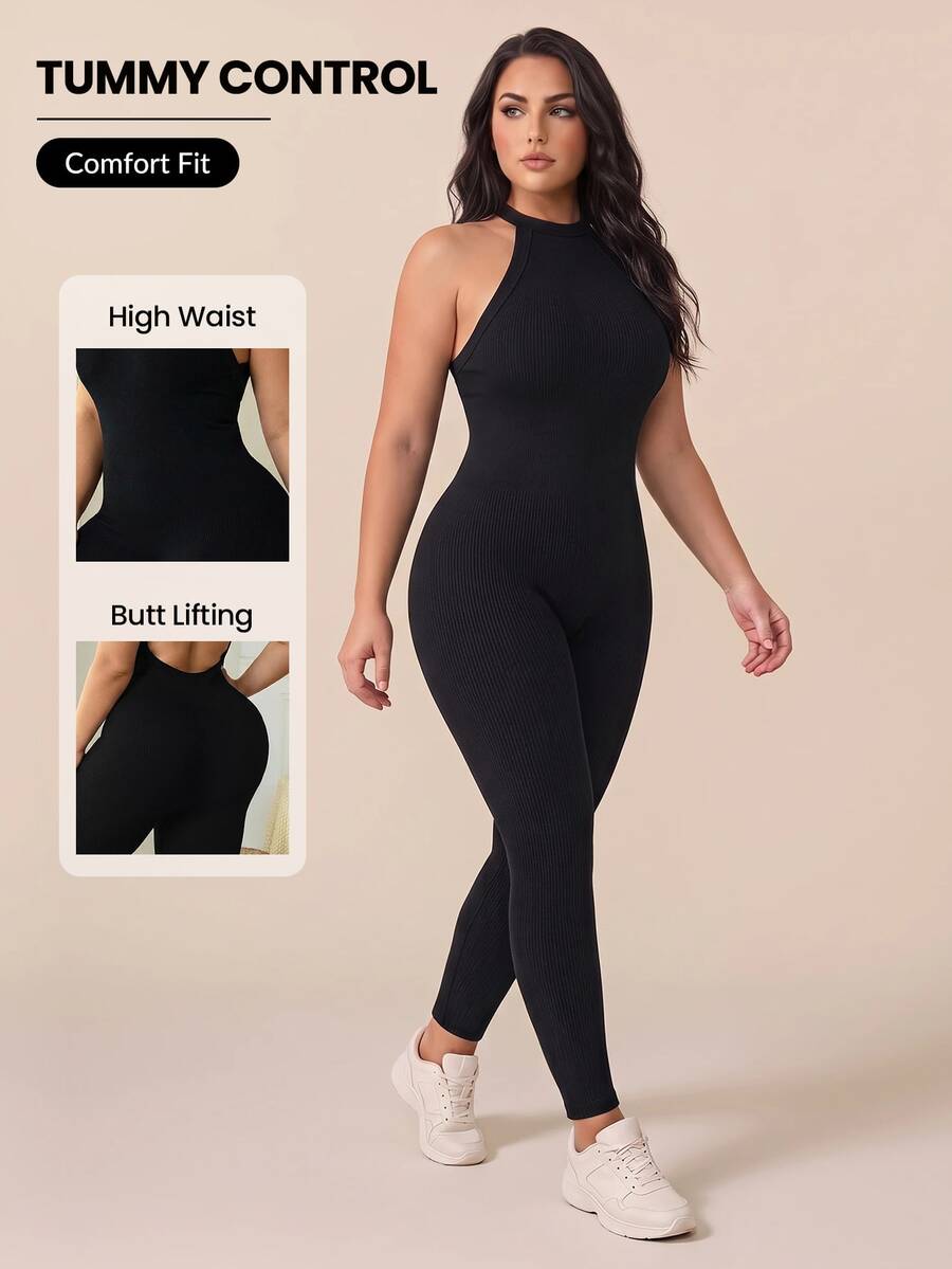 SHEIN Sports 大码纯色露背无袖无缝连体裤