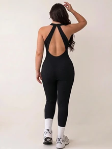 SHEIN Sports 大码纯色露背无袖无缝连体裤 - 黑色 - 查看 4