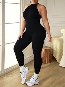 SHEIN Sports 大码纯色露背无袖无缝连体裤 - 黑色 - 查看 5