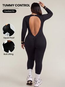 SHEIN Rhythm Era Women's Plus Size Solid Color Backless Sports Jumpsuit Autumn Gym Sports Black - Black - View 8