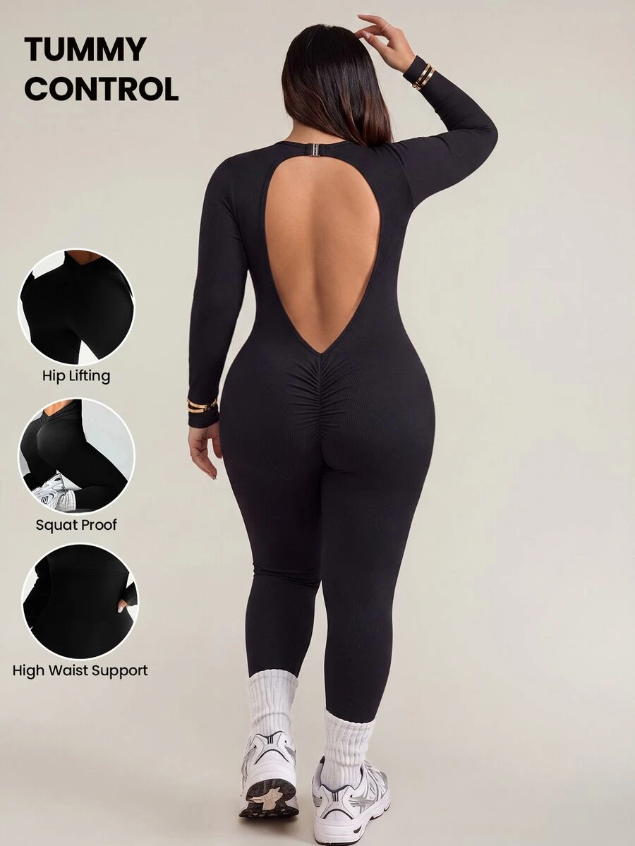 SHEIN Rhythm Era Women's Plus Size Solid Color Backless Sports Jumpsuit Autumn Gym Sports Black - Black - View 1