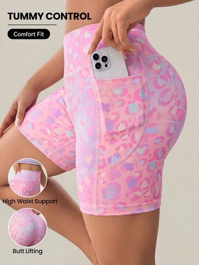 Rhythm Era Celana Pendek Biker Pinggang Tinggi Motif Leopard Sovereign Charm Ukuran Plus untuk Wanita dengan Kantong, Warna Pink Pastel, Cocok untuk Olahraga Musim Panas, Pilates, Yoga, dan Rave