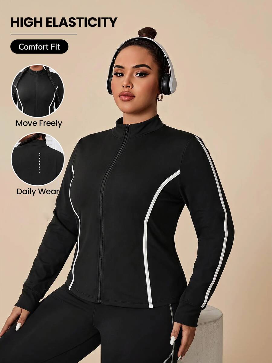 SHEIN Rhythm Era Plus-Size Color-Blocked Trim Stand-Up Collar Slim-Fit Sports Jacket Autumn Gym Jogging Black And White - Black - View 1