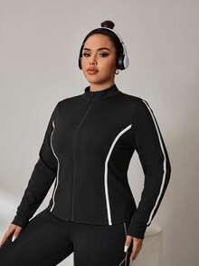 SHEIN Rhythm Era Plus-Size Color-Blocked Trim Stand-Up Collar Slim-Fit Sports Jacket Autumn Gym Jogging Black And White - Black - View 6