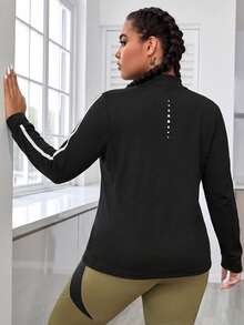 SHEIN Rhythm Era Plus-Size Color-Blocked Trim Stand-Up Collar Slim-Fit Sports Jacket Autumn Gym Jogging Black And White - Black - View 2