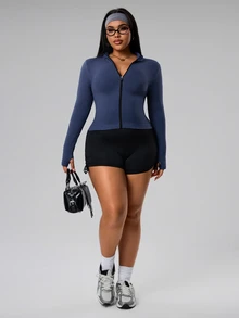 SHEIN Sports Plus Size Women Seamless Zip-Up Long Sleeve Jacket Curvy Workout Top Zipper Front Zip Up Workout Jacket Workout Jacket Plus Size - Navy Blue - View 3