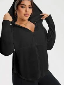 Rhythm Era Plus Size Women's Solid Color Drop Shoulder Long Sleeve Zipper Front Drawstring Hooded Sports Jacket Fall - Black - View 4