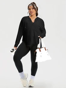 Rhythm Era Plus Size Women's Solid Color Drop Shoulder Long Sleeve Zipper Front Drawstring Hooded Sports Jacket Fall - Black - View 5