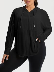 Rhythm Era Plus Size Women's Solid Color Drop Shoulder Long Sleeve Zipper Front Drawstring Hooded Sports Jacket Fall - Black - View 6