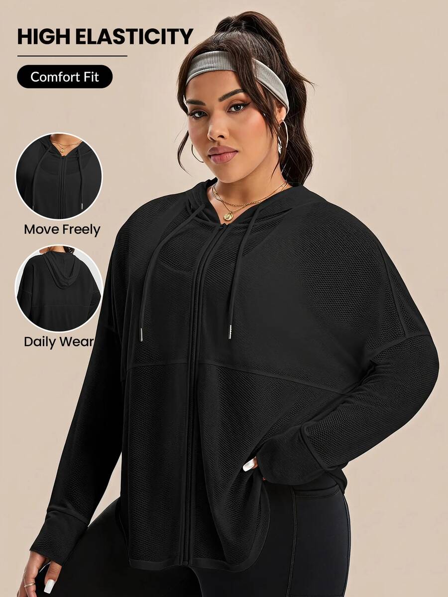 Rhythm Era Plus Size Women's Solid Color Drop Shoulder Long Sleeve Zipper Front Drawstring Hooded Sports Jacket Fall