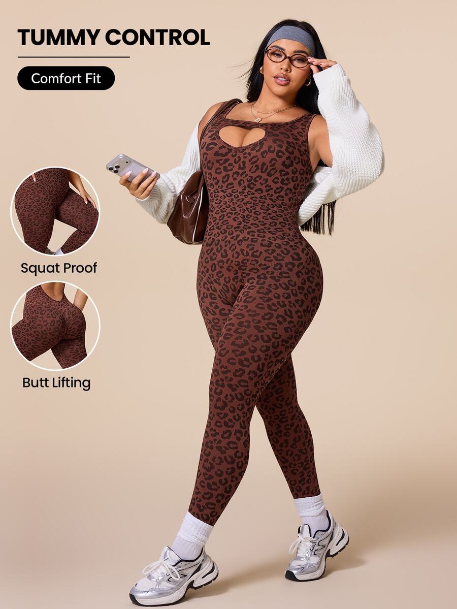 Rhythm Era Slayform Women's Seamless Leopard Print Backless Jumpsuit - Brown - View 1