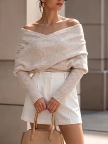 SHEIN Women's Autumn/Winter European And American Style Cold-Shoulder Cross-Neck Sweater, Minimalist Versatile Long Sleeve Commuter Casual Slimming Solid Color Knit Top - Apricot - View 3