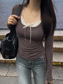DAZY Women's Patchwork Contrast Color 2 In 1 Ruched Drawstring Long Sleeve Square Neck Sexy Vacation Casual Spring Autumn T-Shirt - Grey - View 6