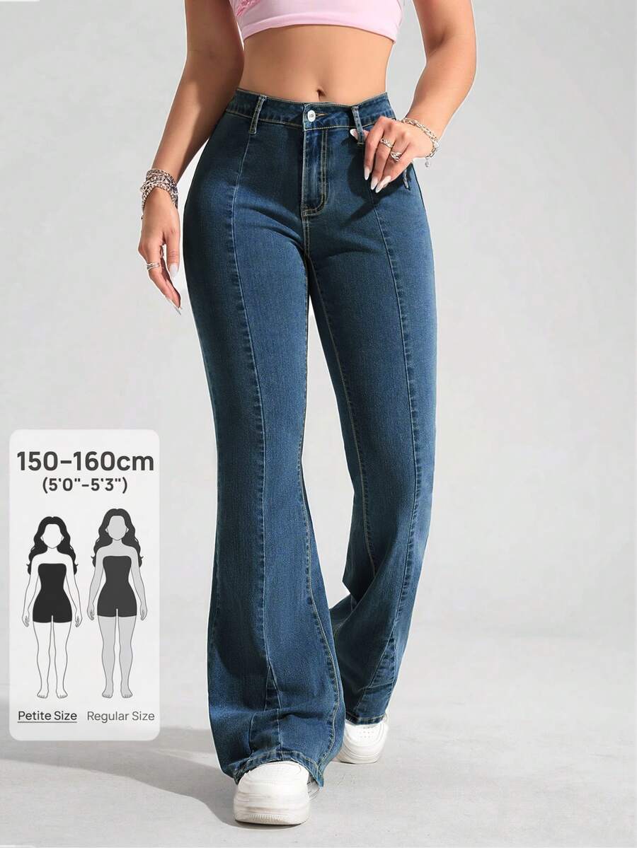 SHEIN PETITE 女款喇叭顯瘦休閒百搭牛仔褲，小個子女性適用 - 寶藍色 - 查看 1