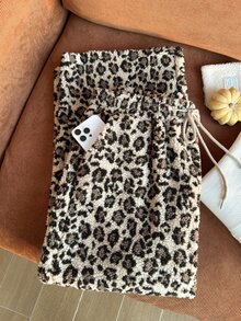 Comfortcana Plus Size Women's Leopard Print Drawstring Waist Wide Leg Loose Sweatpants - Multicolor - View 2