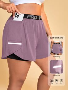SHEIN Rhythm Era Plus Size Letter Webbing Waistband Double Layer Sports Shorts - Dusty Pink - View 7