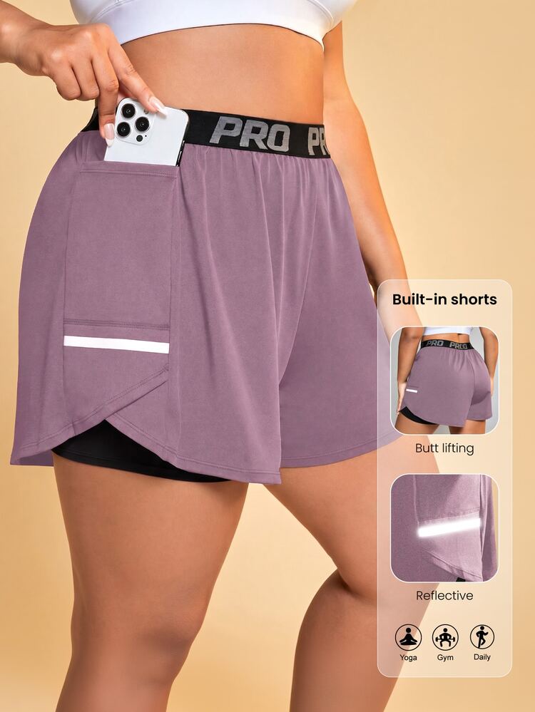 SHEIN Rhythm Era Plus Size Letter Webbing Waistband Double Layer Sports Shorts - Dusty Pink - View 7