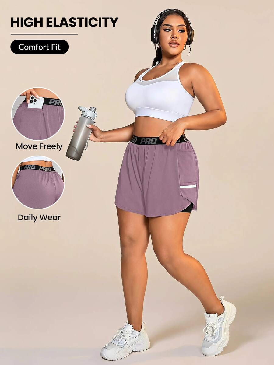 SHEIN Rhythm Era Plus Size Letter Webbing Waistband Double Layer Sports Shorts - Dusty Pink - View 1