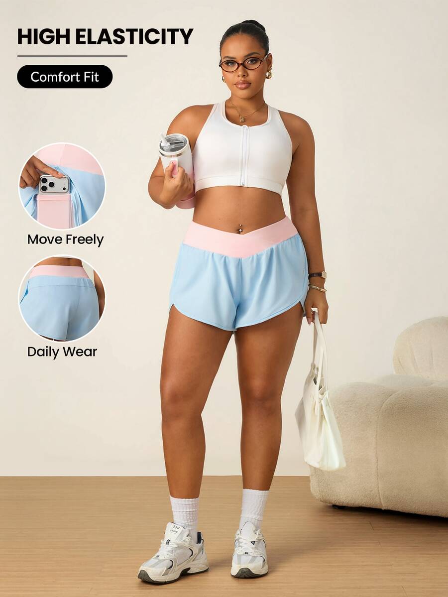 SHEIN Rhythm Era Casual Versatile Plus Size Multi-Color Letter Print Sports Shorts With Storage Pockets Gym Sports Baby Blue Summer - Multicolor - View 1