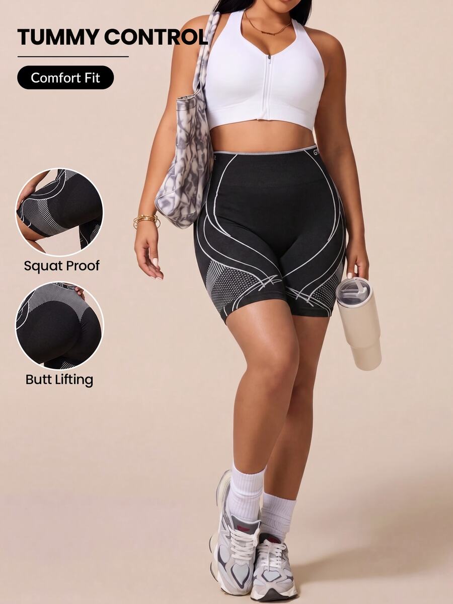 SHEIN Rhythm Era Women Plus Size Sports Shorts - Black - View 1