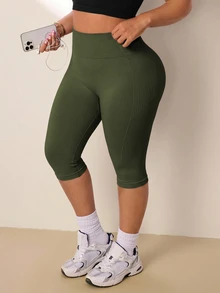 Easithlete Easithlete Women's Plus Size Solid Color High Waist Slim Fit Athletic Shorts - Army Green - View 2