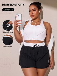 SHEIN Rhythm Era Celana Pendek Olahraga Wanita Ukuran Plus dengan Desain Blok Warna dan Tali Serut di Pinggang - Hitam dan Putih - View 1