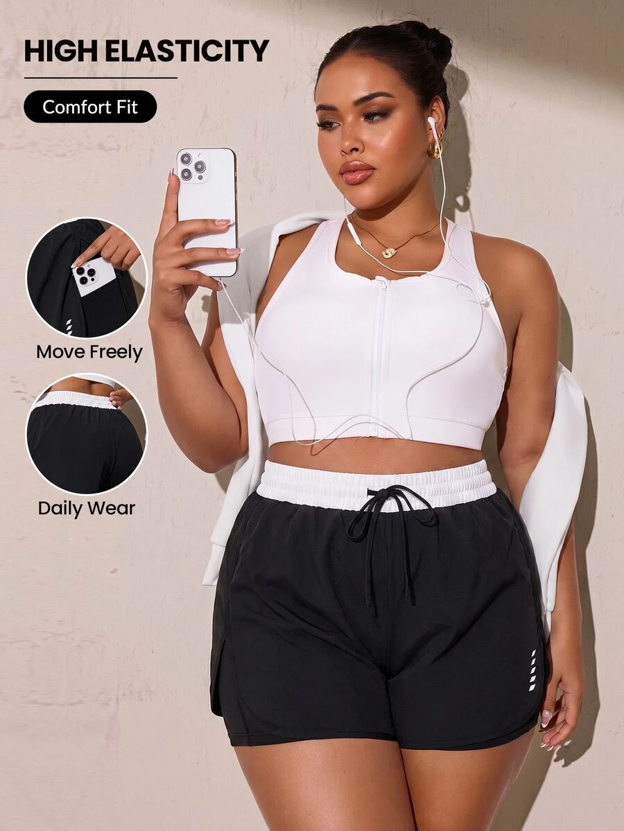 SHEIN Rhythm Era Celana Pendek Olahraga Wanita Ukuran Plus dengan Desain Blok Warna dan Tali Serut di Pinggang - Hitam dan Putih - View 1