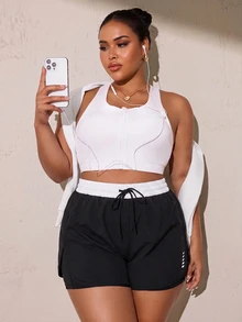 SHEIN Rhythm Era Celana Pendek Olahraga Wanita Ukuran Plus dengan Desain Blok Warna dan Tali Serut di Pinggang - Hitam dan Putih - View 5