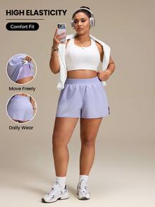 SHEIN Rhythm Era Casual Versatile Purple Reflective Foil Print Slim Fit Flattering Sports Shorts With Storage Pockets - Purple - View 1