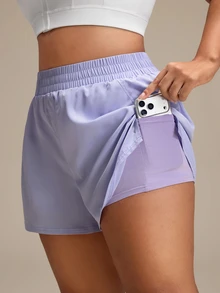 SHEIN Rhythm Era Casual Versatile Purple Reflective Foil Print Slim Fit Flattering Sports Shorts With Storage Pockets - Purple - View 6
