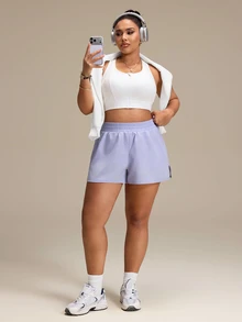 SHEIN Rhythm Era Casual Versatile Purple Reflective Foil Print Slim Fit Flattering Sports Shorts With Storage Pockets - Purple - View 8