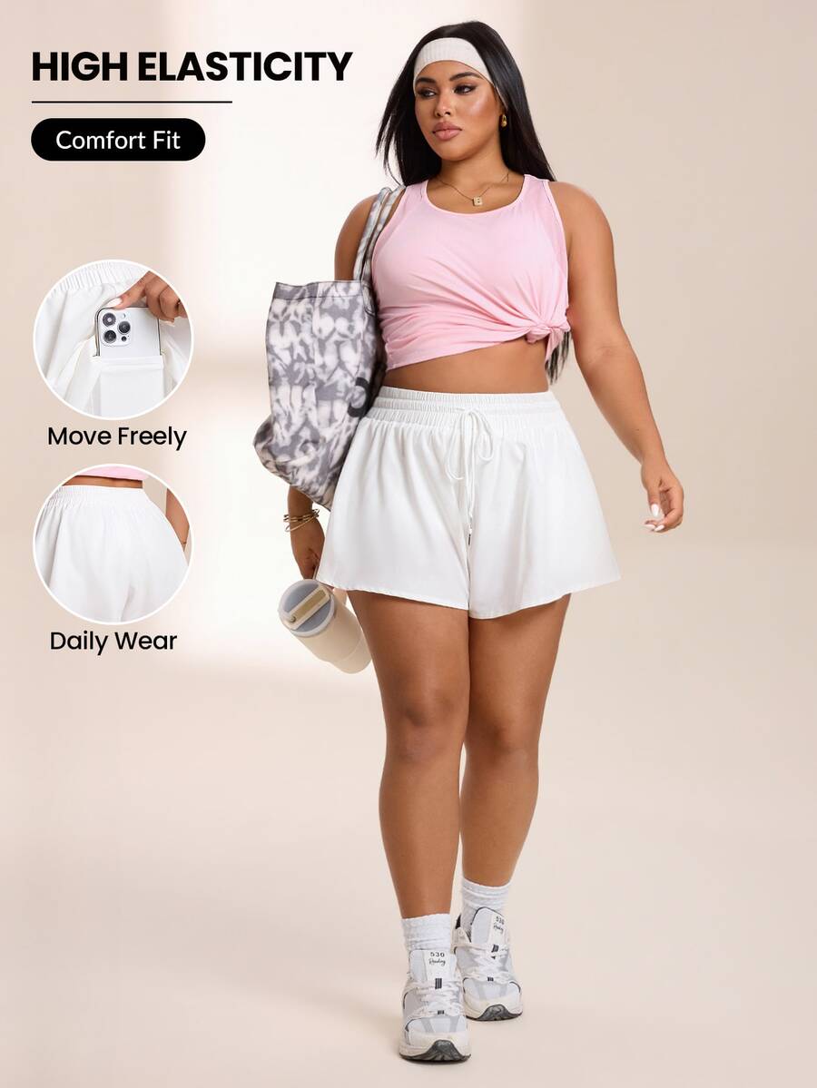 SHEIN Rhythm Era Rok Celana Pendek Olahraga Wanita Ukuran Plus Minimalis Kasual dengan Tali Serut dan Kantong di Pinggang - Putih - View 1