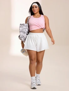SHEIN Rhythm Era Rok Celana Pendek Olahraga Wanita Ukuran Plus Minimalis Kasual dengan Tali Serut dan Kantong di Pinggang - Putih - View 8