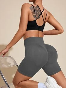 SHEIN Rhythm Era Plus Size Women High Waist Solid Color Shaping Sports Shorts Gym Sports Gray Summer - Dark Grey - View 5