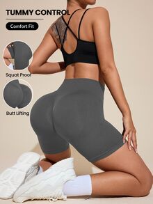 SHEIN Rhythm Era Plus Size Women High Waist Solid Color Shaping Sports Shorts Gym Sports Gray Summer - Dark Grey - View 1