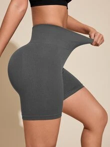 SHEIN Rhythm Era Plus Size Women High Waist Solid Color Shaping Sports Shorts Gym Sports Gray Summer - Dark Grey - View 3