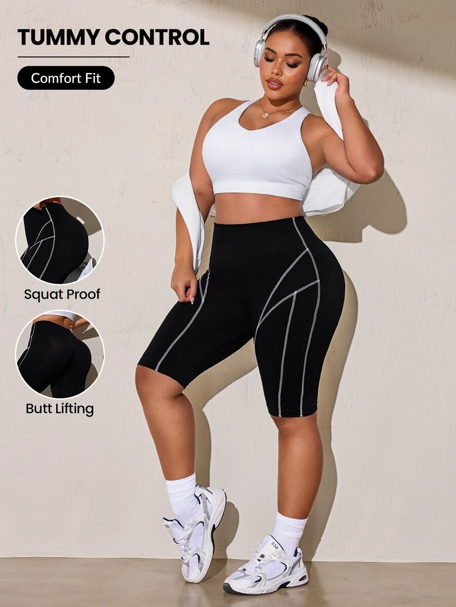Rhythm Era Women's Plus Size Contrast Stitching Athletic Shorts - Black - View 1