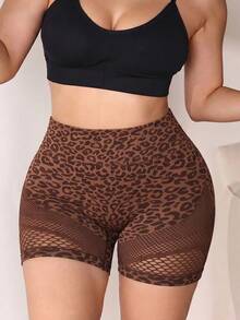 SHEIN Rhythm Era Celana Pendek Olahraga Jala Motif Leopard Cokelat Kopi Tanpa Jahitan Ukuran Plus untuk Wanita - MultiWarna - View 5