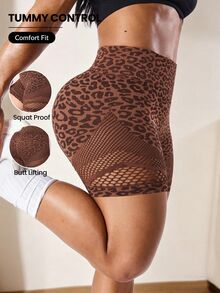 SHEIN Rhythm Era Celana Pendek Olahraga Jala Motif Leopard Cokelat Kopi Tanpa Jahitan Ukuran Plus untuk Wanita - MultiWarna - View 1